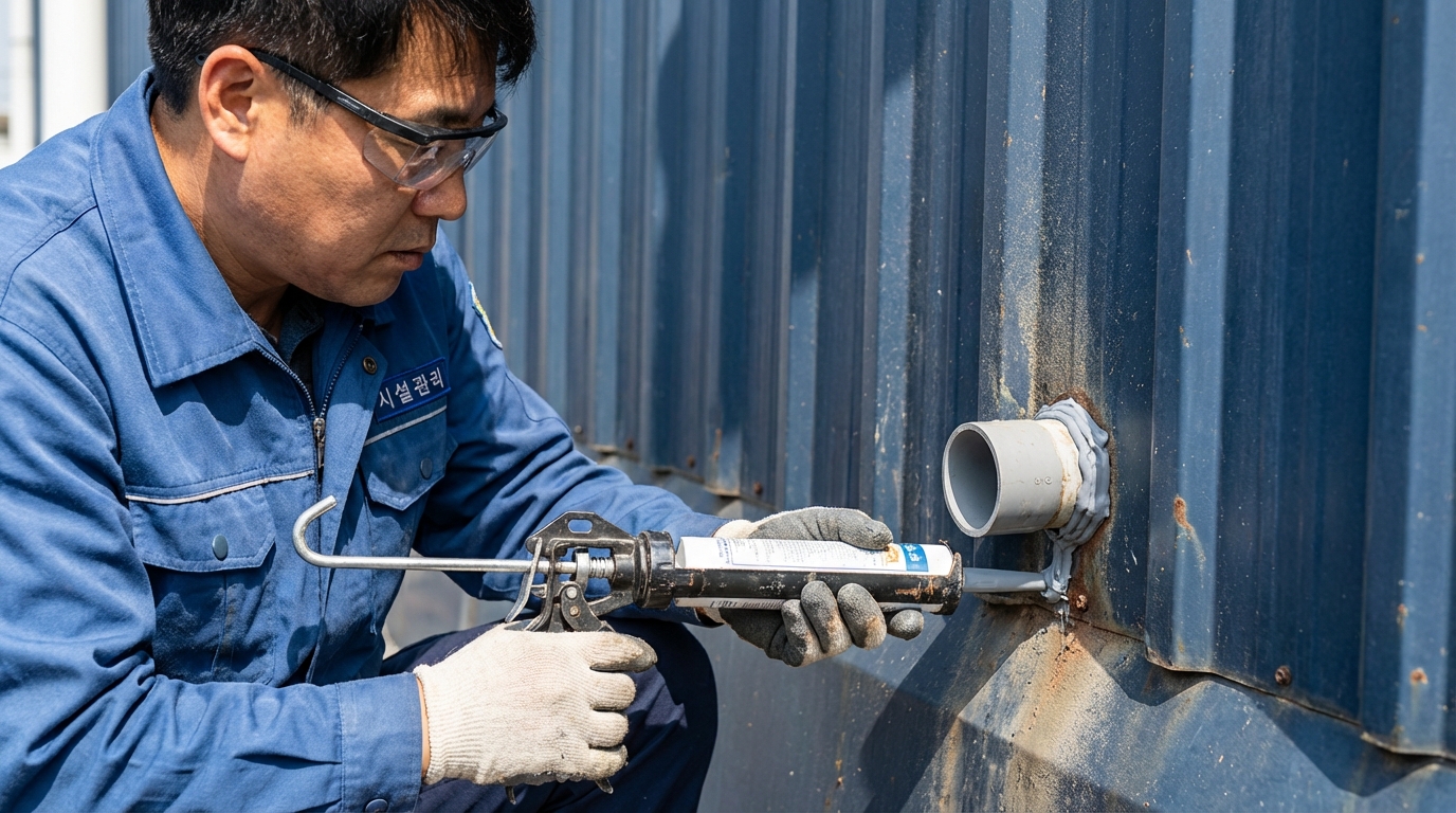 판넬에 설치된 배관 주변의 벌어진 틈새에 실리콘으로 마감하고 있는 모습