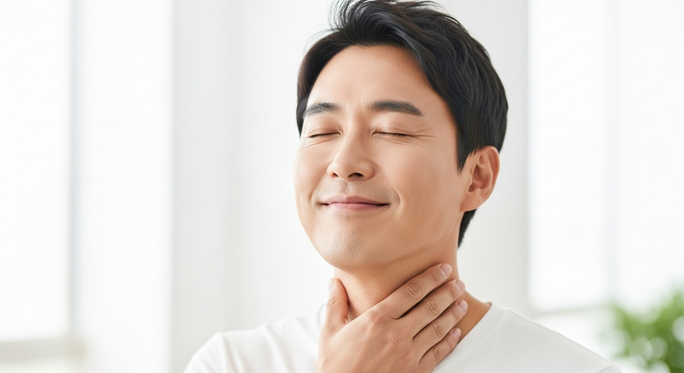 미소 짓는 남성이 목을 가볍게 두드리는 모습