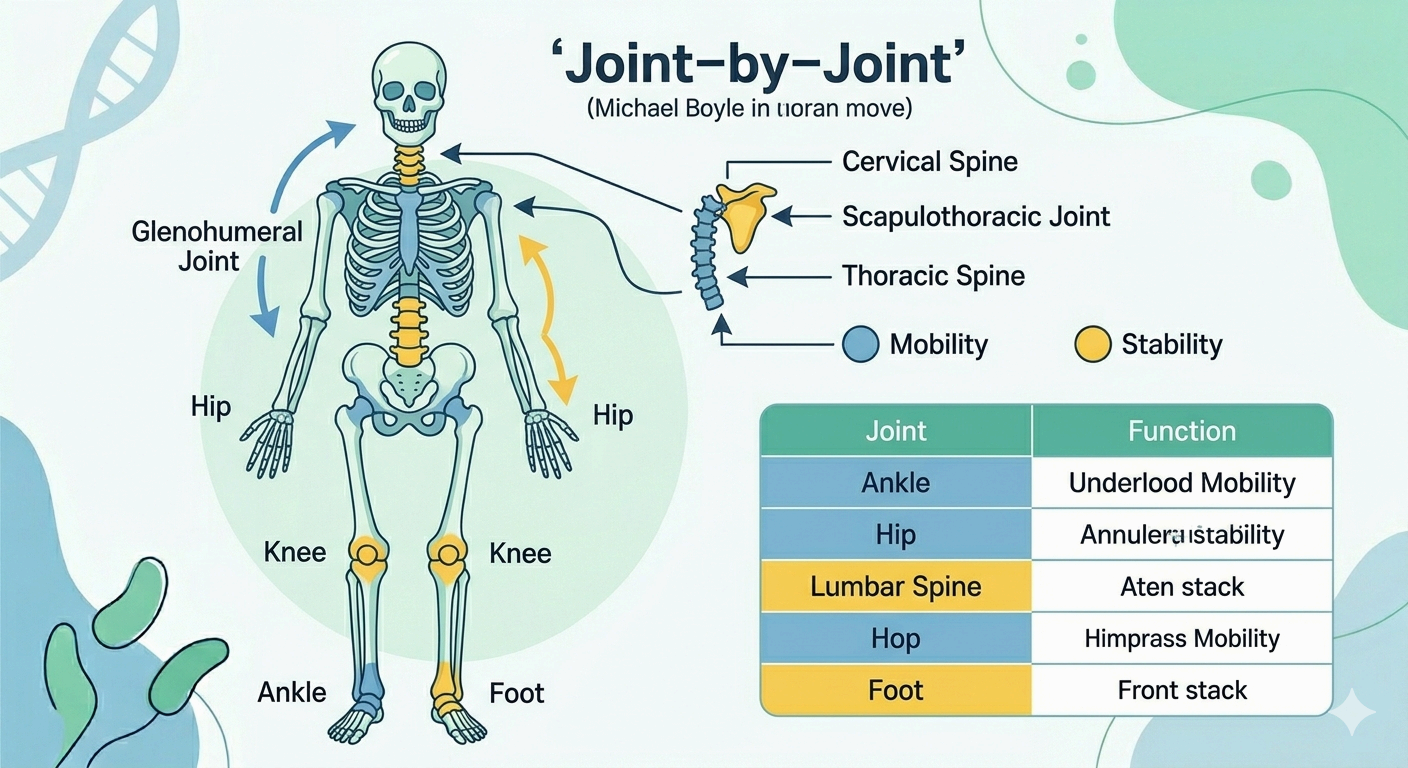 미국의 마이클 보일 이론에 따른 인간 관절 가동성 안정성 번갈아 가며 배치하는 구조도 인포그래픽