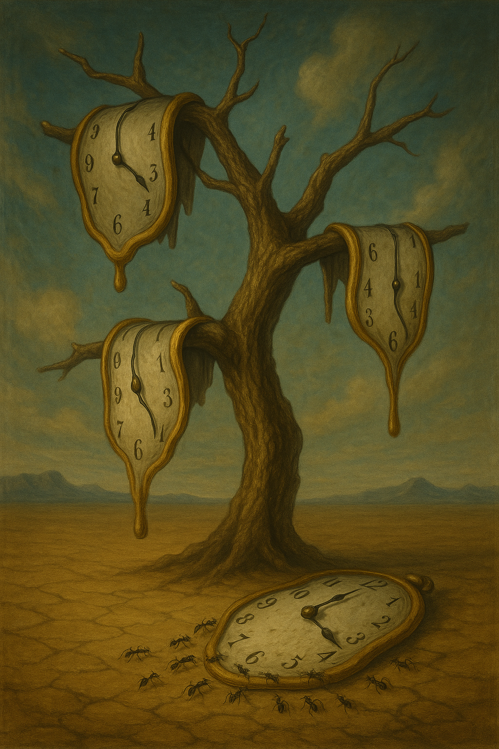 무한대 사막의 말라버린 나무에 걸린 시계들, 살바도르 달리 초현실주의 스타일로, 시간의 왜곡, 개미 떼가 기어다니는 환상적 장면, 정밀한 극사실적 묘사