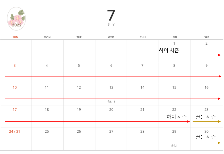 소노벨 경주 오션플레이 7월 시즌 적용 달력