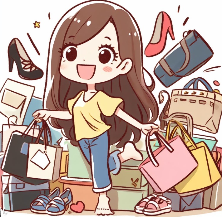 충동 구매로 많은 신발, 구두, 가방을 구매한 여성(made by Bing)