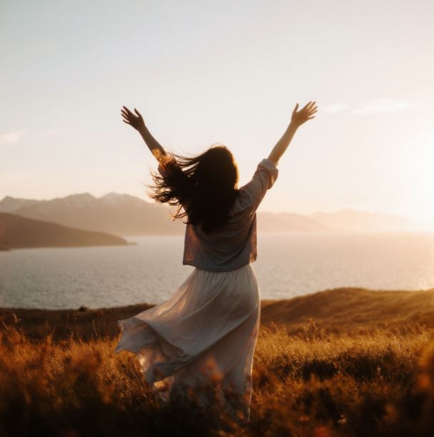 들판 속에서 두 팔을 벌리고 하늘을 향해 손을 펼친 사람의 뒷모습이 보인다. 바람에 날리는 머리카락이 자유로운 해방감을 느끼게 한다.