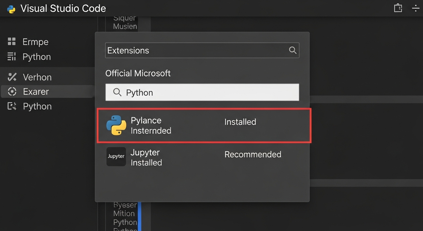 VS Code 확장팩 마켓플레이스 화면. 파이썬 확장팩이 설치되어 있고 Pylance, Jupyter 등 필수 확장팩들이 함께 보여 효율적인 개발 환경을 나타냅니다.
