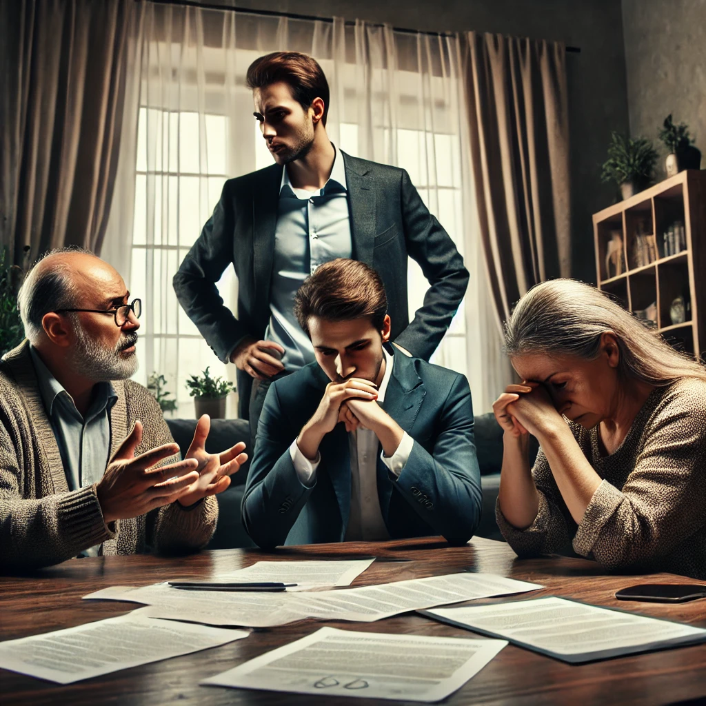 가족 갈등: 상속 문제로 갈등을 겪는 가족 구성원들의 모습. 억울함, 분노, 슬픔 등의 감정 표현