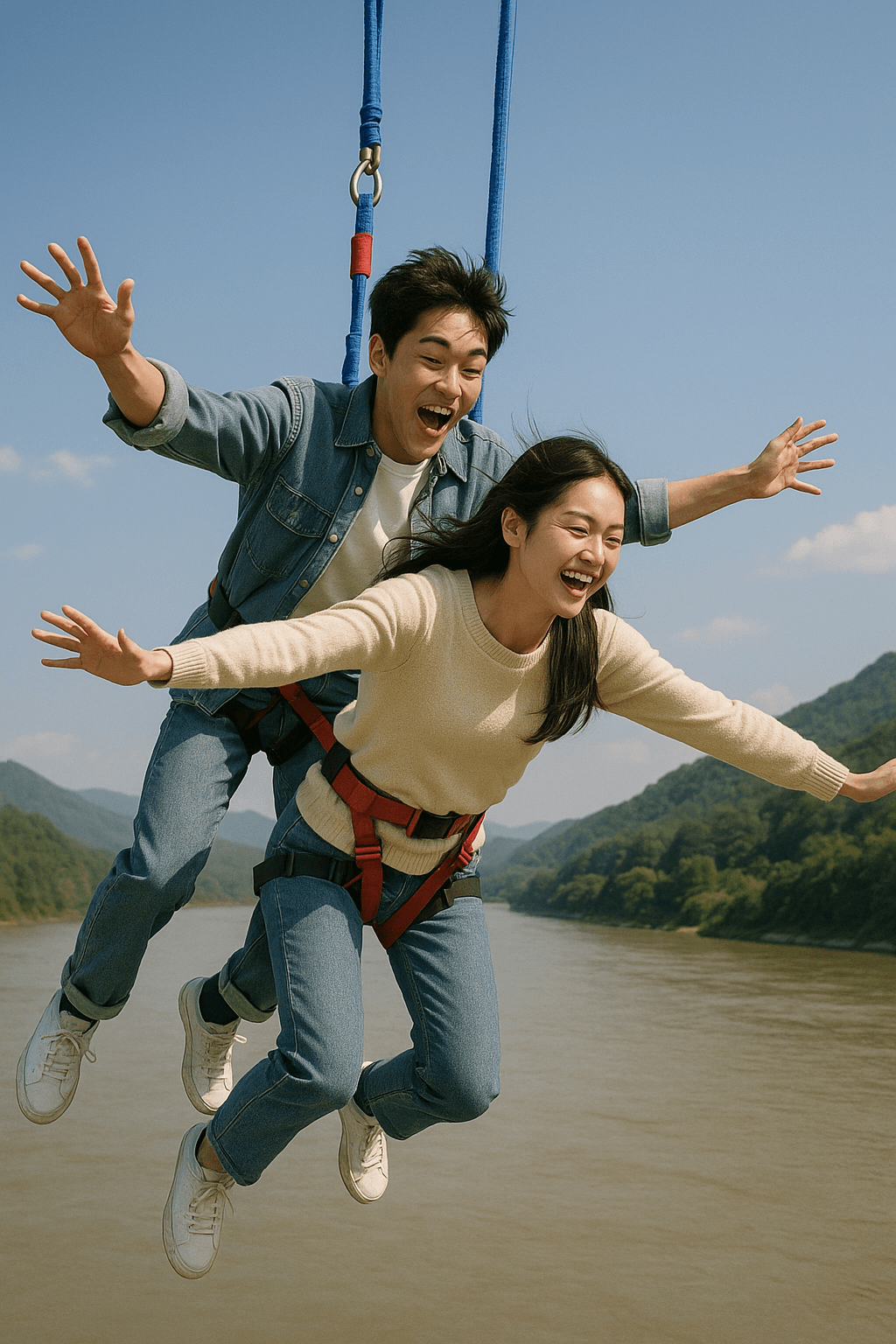 번지점프하는 남여 대학생