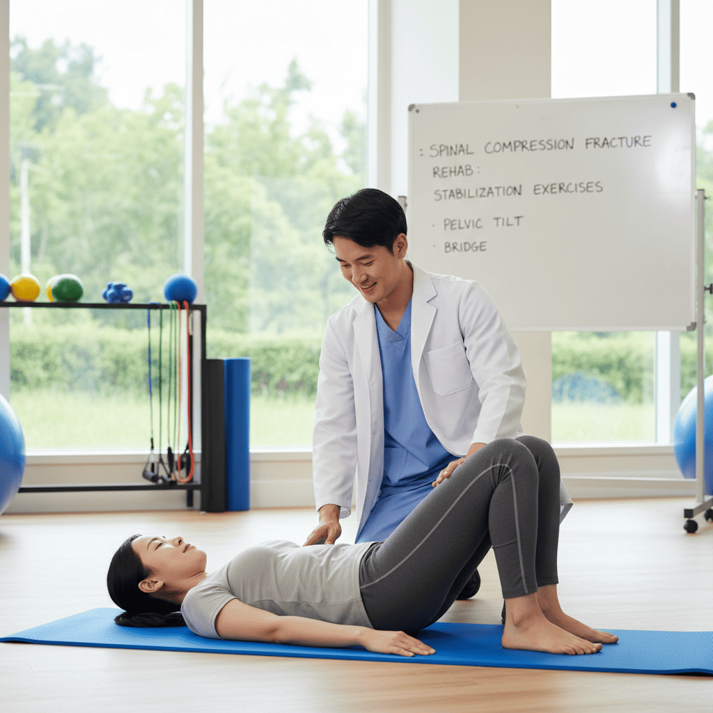 압박골절 환자가 치료사 지도 아래 허리 안정화 운동을 실시하는 장면. 매트 위에서 브릿지 동작을 수행함