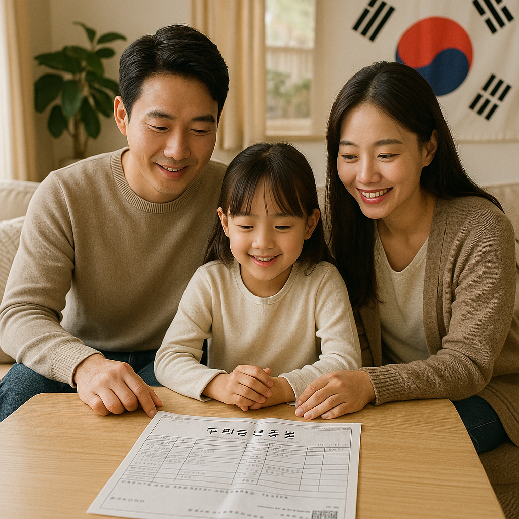 거실에서 아이와 부모가 함께 앉아 있는 장면