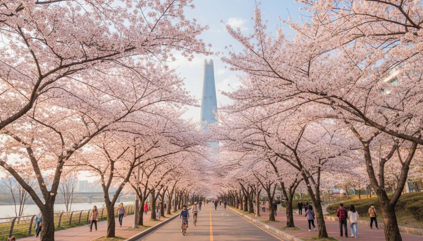 2026년 4월, 서울 석촌호수 인근 벚꽃이 만개한 풍경. 핑크빛 벚꽃 터널 사이로 롯데월드 타워가 보이며, 사람들이 벚꽃길을 산책하는 모습이 평화롭고 아름답다.