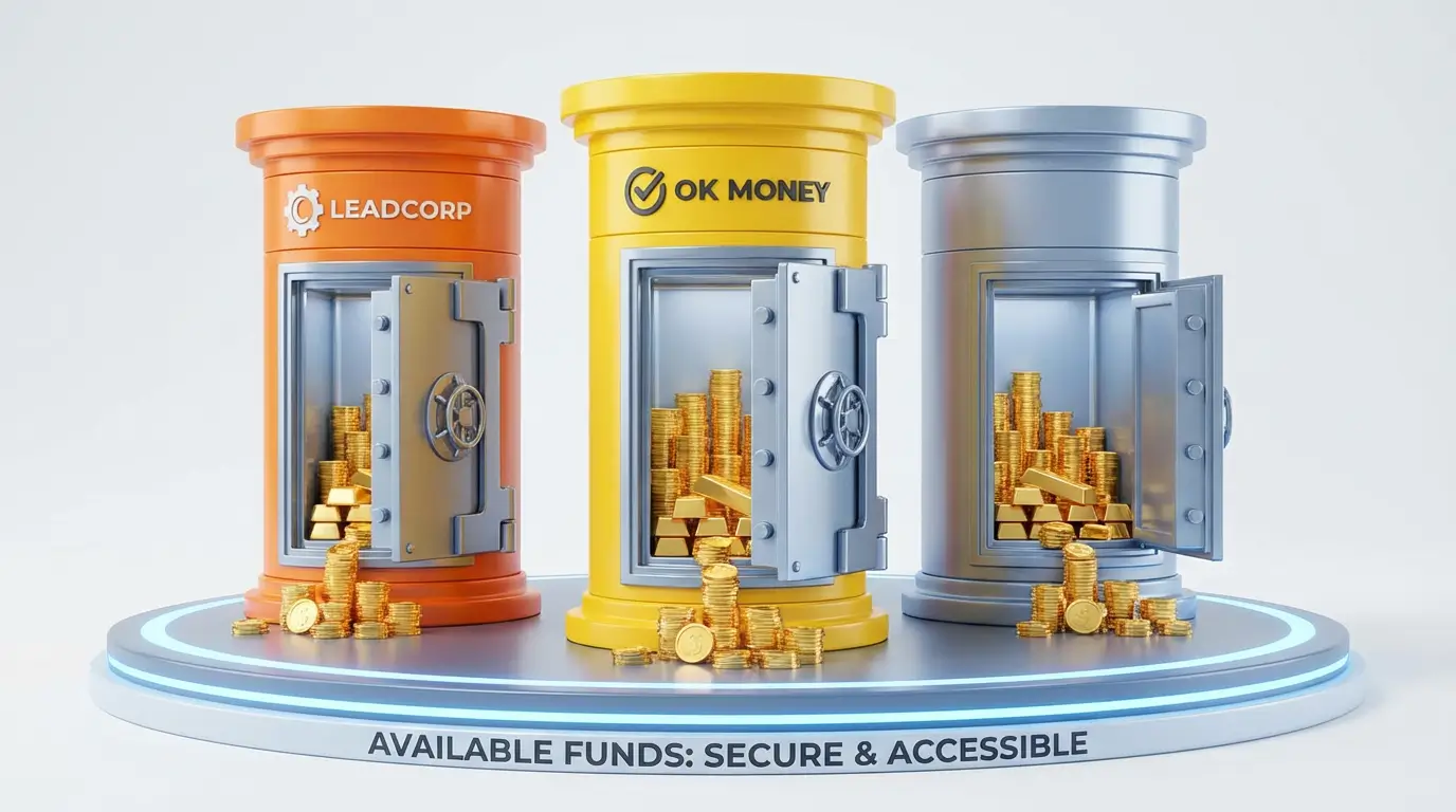 리드코프, OK머니 등 안전한 대형 대부업체들의 특징을 금고와 동전으로 시각화한 이미지