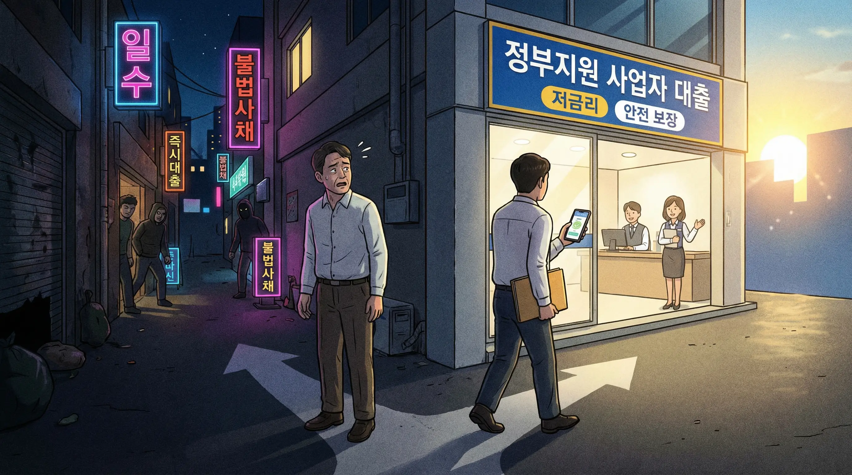 급하게 자금이 필요한 상황에서 위험한 불법 사채 대신 안전한 사업자 대출을 선택하는 현명한 판단을 보여주는 이미지