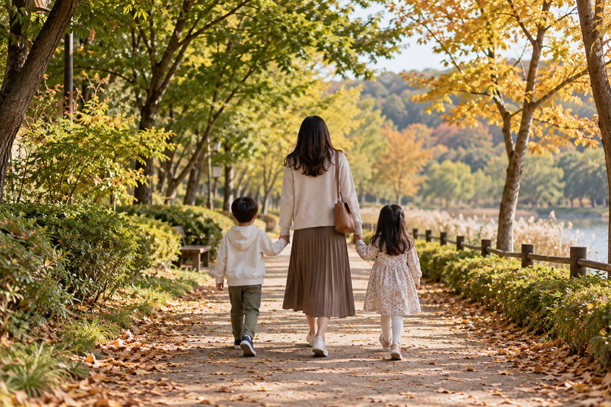 가을 공원 길을 걷는 보호자와 아이들을 표현한 AI 이미지