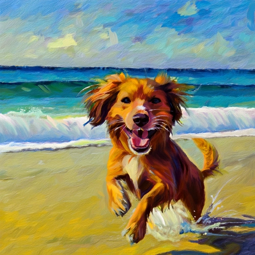해변에서 뛰어노는 강아지 인상주의 그림