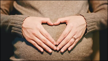 배를 두 손으로 감싸고 있는 임신부