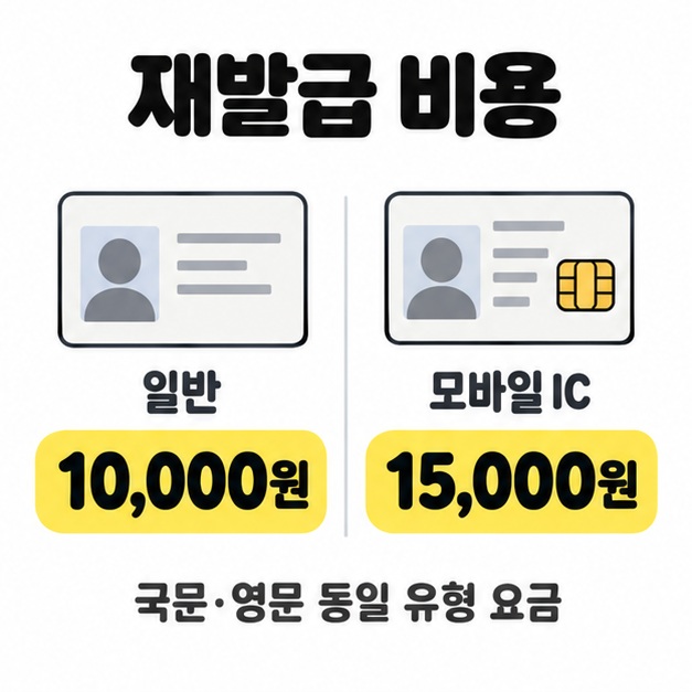 일반 면허증 10,000원과 모바일 IC 면허증 15,000원의 재발급 비용을 카드 그림과 함께 비교한 안내