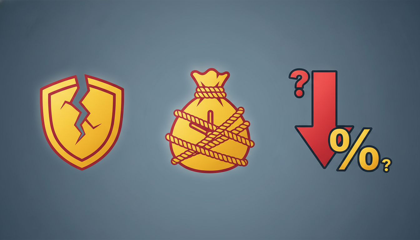 IMA 계좌의 주요 단점(중도해지 원금 손실, 예금자 보호 불가, 긴 만기, 수익률 비보장)을 경고하는 아이콘과 위험 신호들.