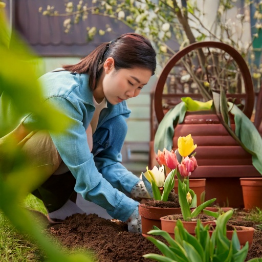 화분에 튤립 심는 사람