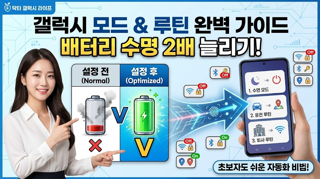 갤럭시 스마트폰의 모드 및 루틴 설정 화면과 배터리 절약 자동화 구성도