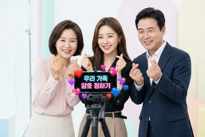 가족과 함께 보안 캠페인 영상을 촬영하는 밝은 분위기의 인플루언서