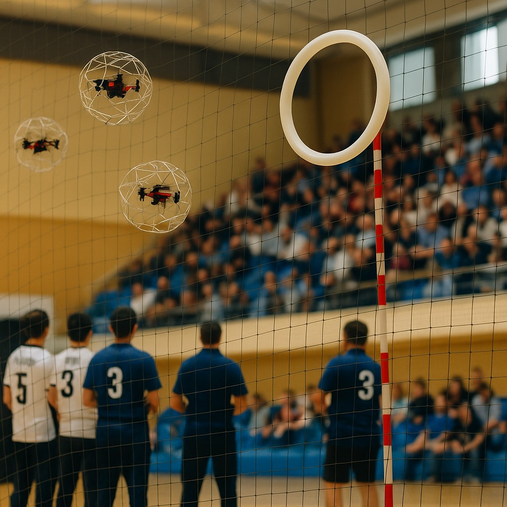 실제 경기장에서 드론 축구 경기를 관람하고 있는 관중과 선수들의 모습을 담은 대표 이미지
