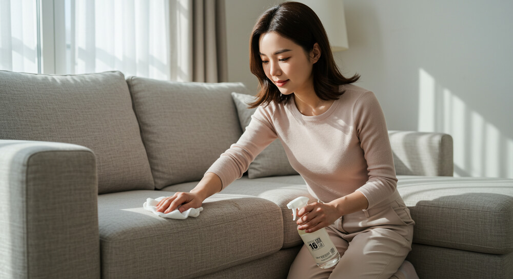 소파 얼룩 제거 방법을 익혀서 실천하고 있는 여성