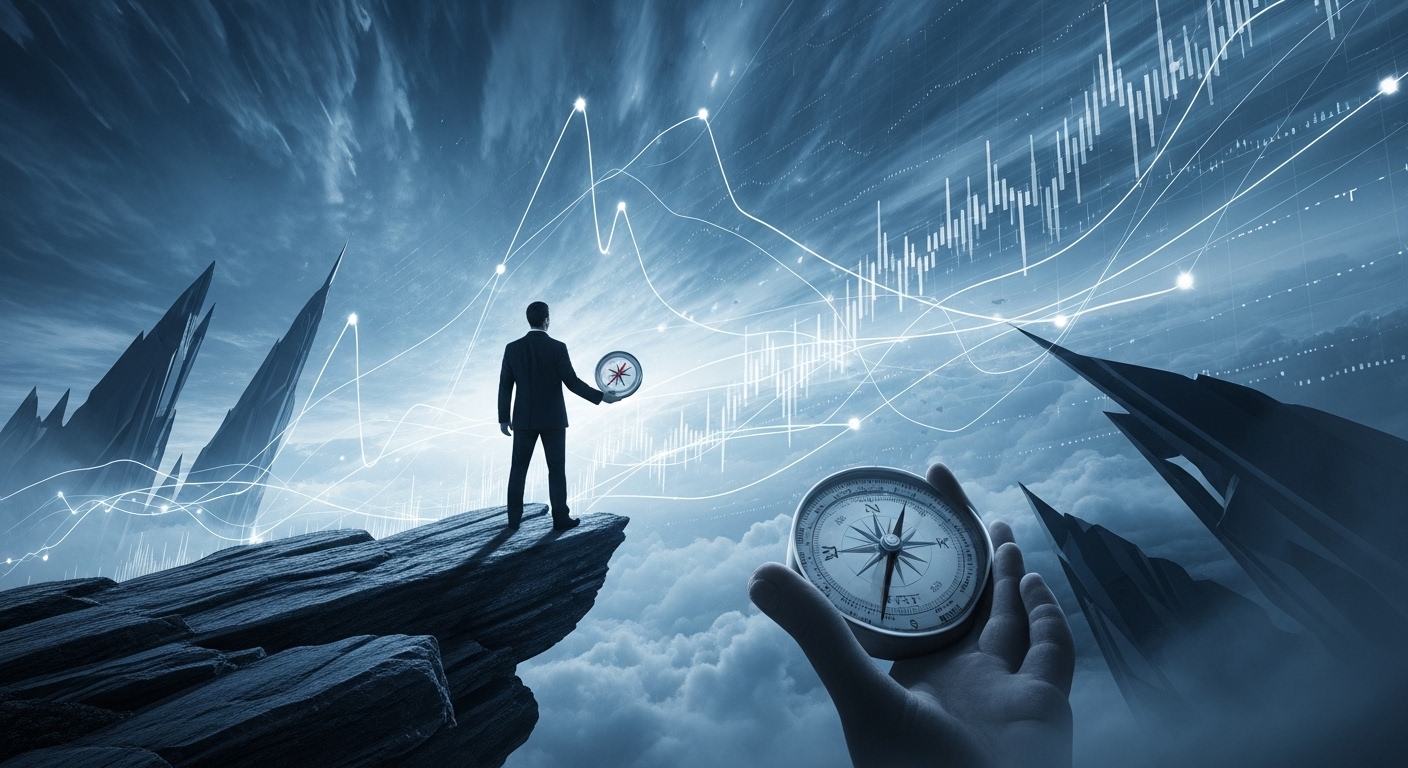 2026년 인플레이션 상황 속에서 자산을 방어하는 전략을 상징하는, 복잡한 경제 지표 위에서 나침반을 들고 자신감 있게 서 있는 사람의 모습.
