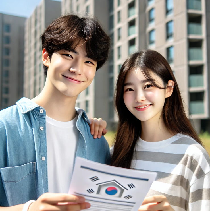 현대적 아파트 앞에서 전세 대출과 주거 안정성에 대해 이야기 하는 한국의 젊은 커플