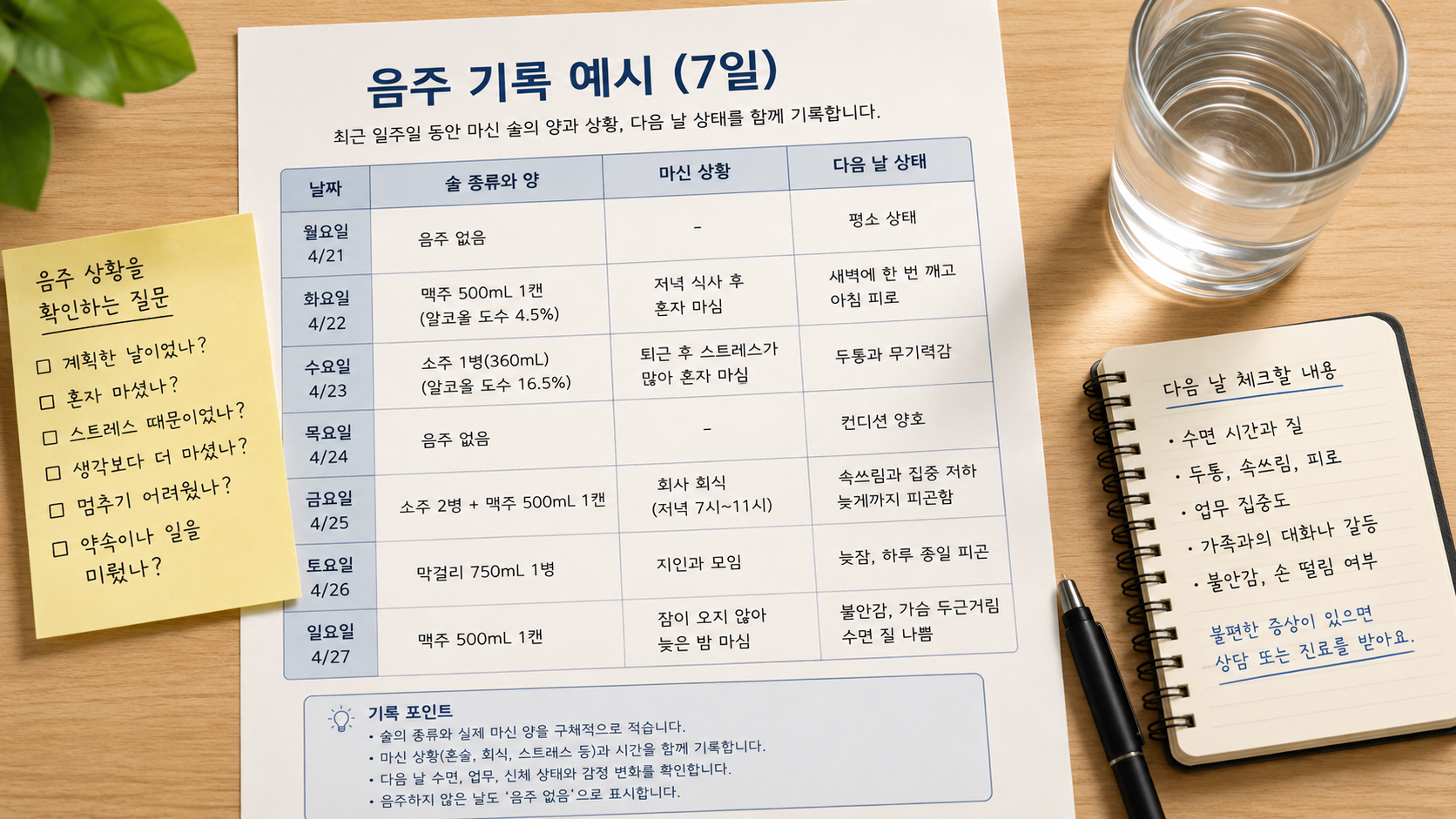 저녁 술자리 다음 날 피로와 수면 부족으로 생활 리듬을 점검하는 모습