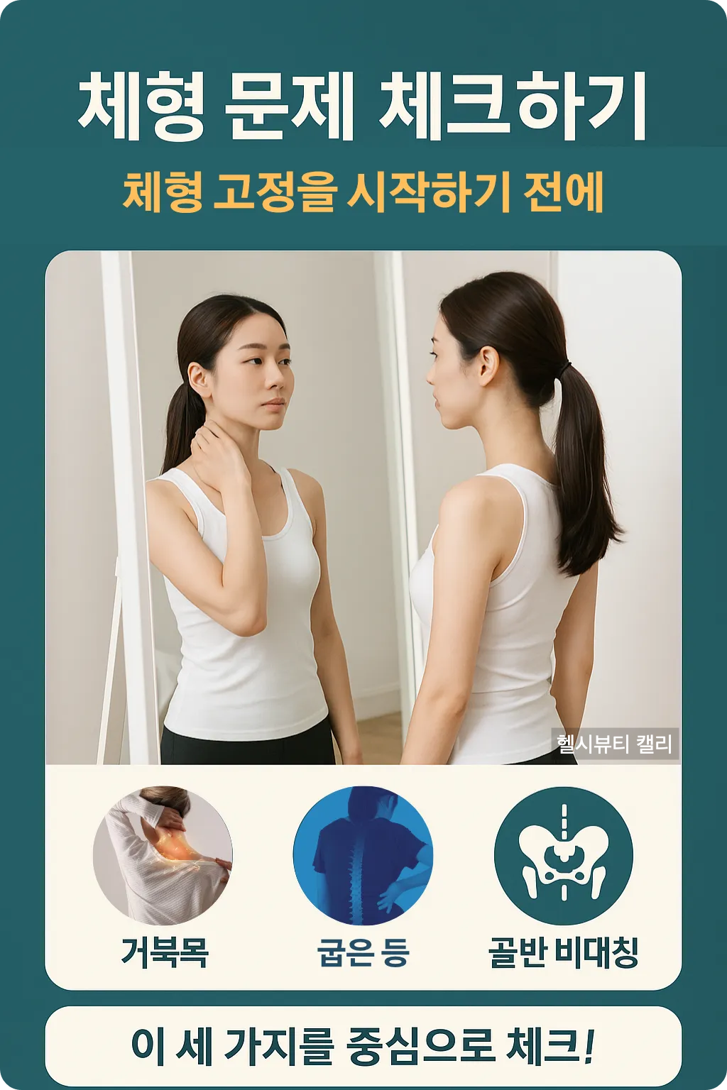 거울 앞에서 목을 잡고 체형을 점검하는 여성과 주요 체형 문제