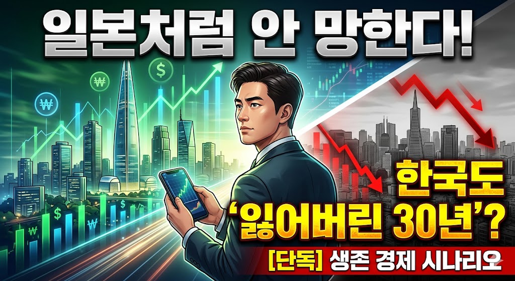 상승하는 경제 지표와 서울 도시 배경, 하락하는 빌딩 숲과 붉은색 하락 화살표가 대비되는 이미지 속에 스마트폰을 들고 있는 정장 입은 남성의 모습. '일본처럽 안 망한다!', '한국도 잃어버린 30년?', '[단독] 생존 경제 시나리오'라는 텍스트가 강조된 수익형 블로그 경제 전망 썸네일