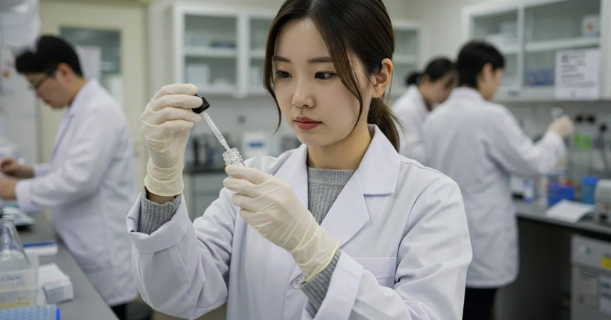 연구실에서 연구를 하고 있는 여성 이미지