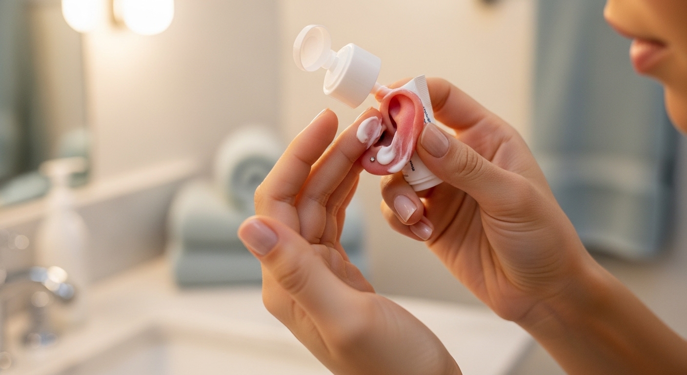 한 사람이 귓볼에 보습제를 부드럽게 바르며 관리하는 모습