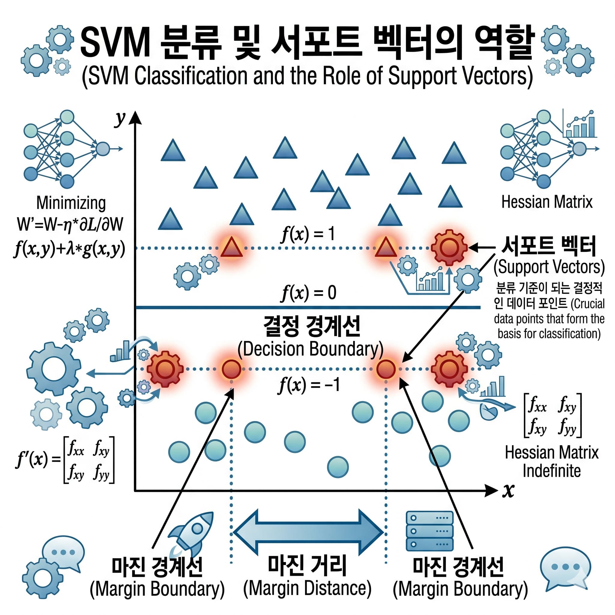 SVM에서 결정 경계선과 마진 서포트 벡터의 관계를 보여주는 분류 다이어그램