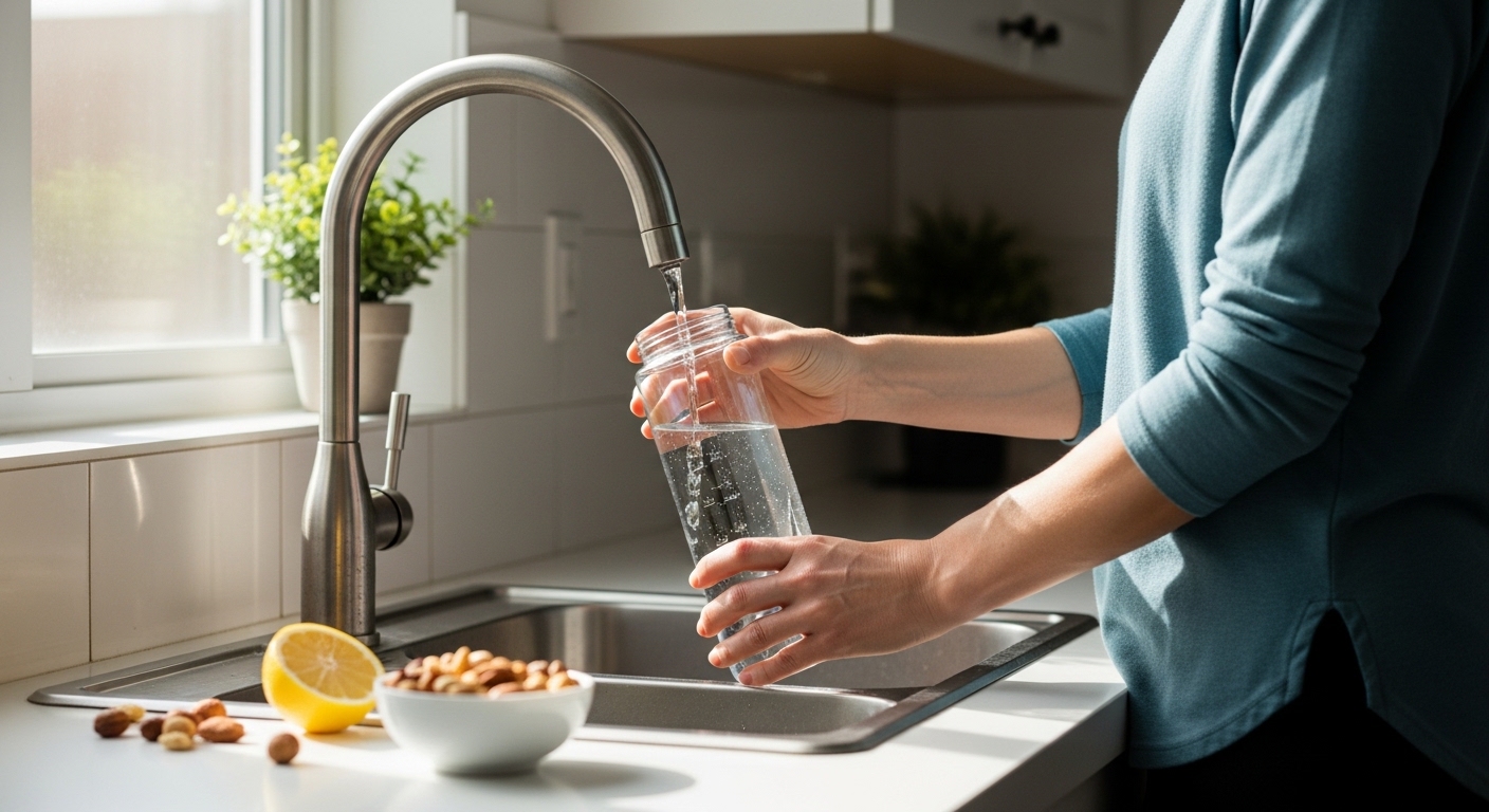 물병에 물을 채우고 있다.