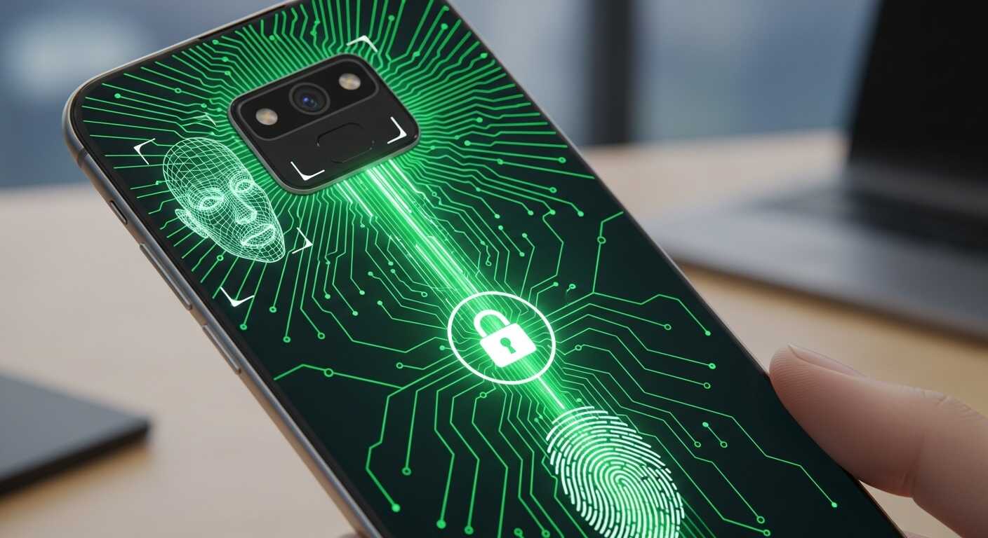 얼굴 인식과 지문 인식을 통해 스마트폰 잠금이 해제되는 AI 보안 기능 개념 이미지
