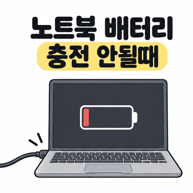 노트북 배터리 충전 안될때라는 제목 아래 충전 케이블이 연결된 노트북 화면에 잔량이 적은 빨간 배터리 표시가 보인다.