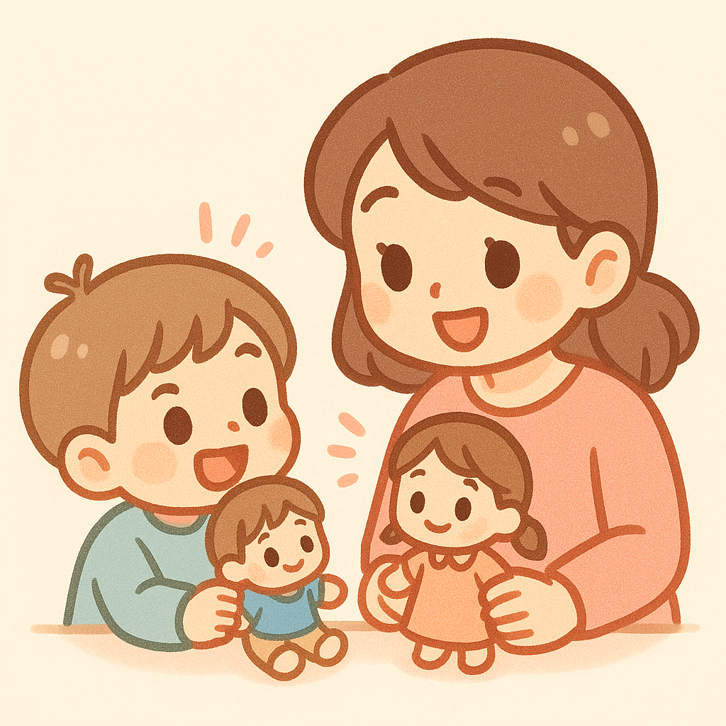 부모와 아이가 인형으로 역할극 하는 모습