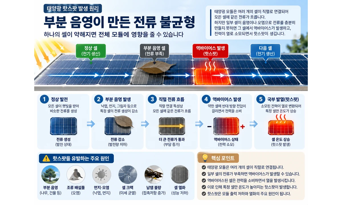 부분 음영으로 태양광 셀 전류가 감소하고 역바이어스와 국부 발열이 발생해 핫스팟으로 이어지는 원리