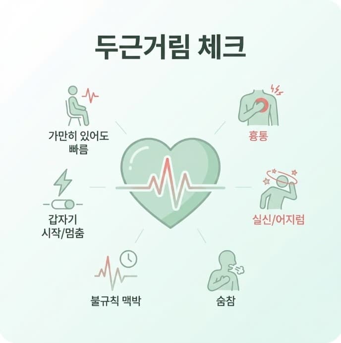 가슴 두근거림 위험 신호(흉통&amp;#44; 실신&amp;#44; 숨참&amp;#44; 불규칙 맥박 등)를 정리한 체크리스트 인포그래픽