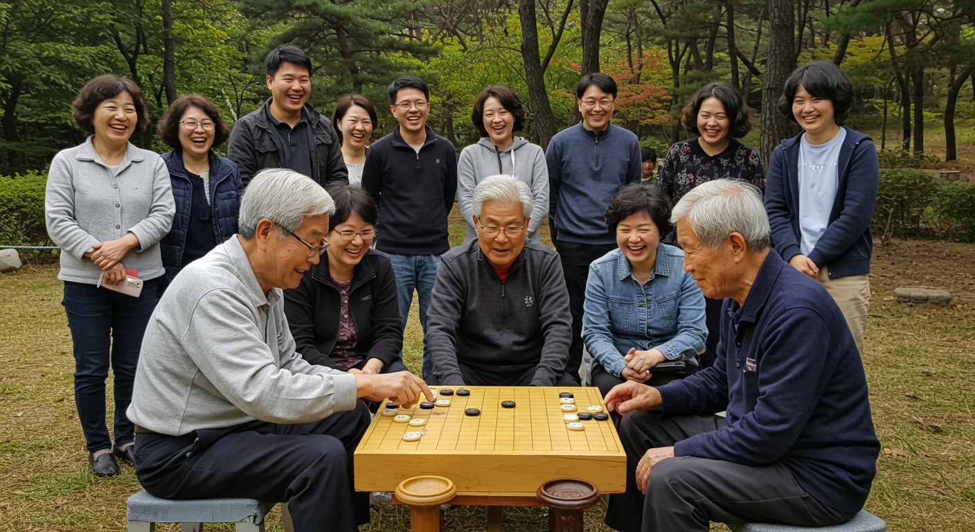 노인들이 공원에서 바둑을 두고 주변에는 구경꾼들이 많이있음