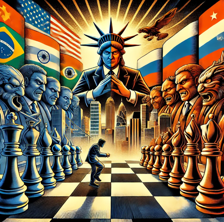 브릭스 국가들과 미국 간의 경제적 힘겨루기를 상징하는 체스판 위 대결 장면