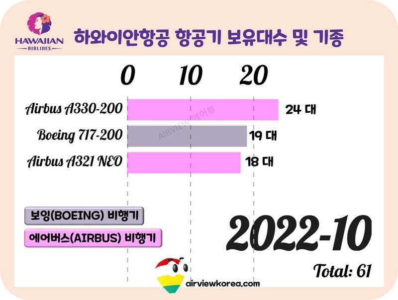 하와이안항공-보잉-에어버스-항공기보유-대수-기종-몇대-표시-가로막대-그래프