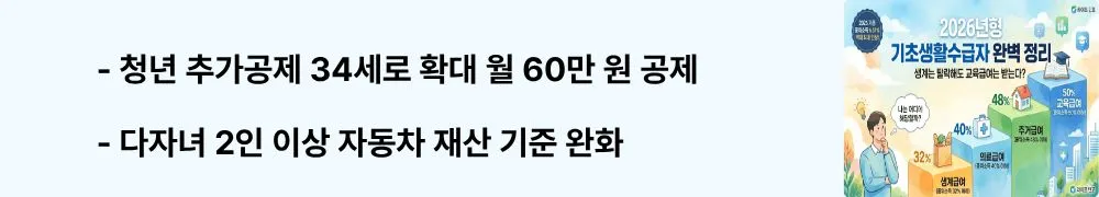 기초생활수급자: '청년 추가공제 34세로 확대 월 60만 원 공제, 다자녀 2인 이상 자동차 재산 기준 완화'라는 문구가 포함된 웹배너 이미지. 이 이미지는 2026년 기초생활보장제도의 청년 근로소득공제 확대와 자동차 재산 기준 완화 정보를 시각적으로 전달하며, 블로그의 기초생활수급자 조건 변경 사항과 관련된 내용을 설명함