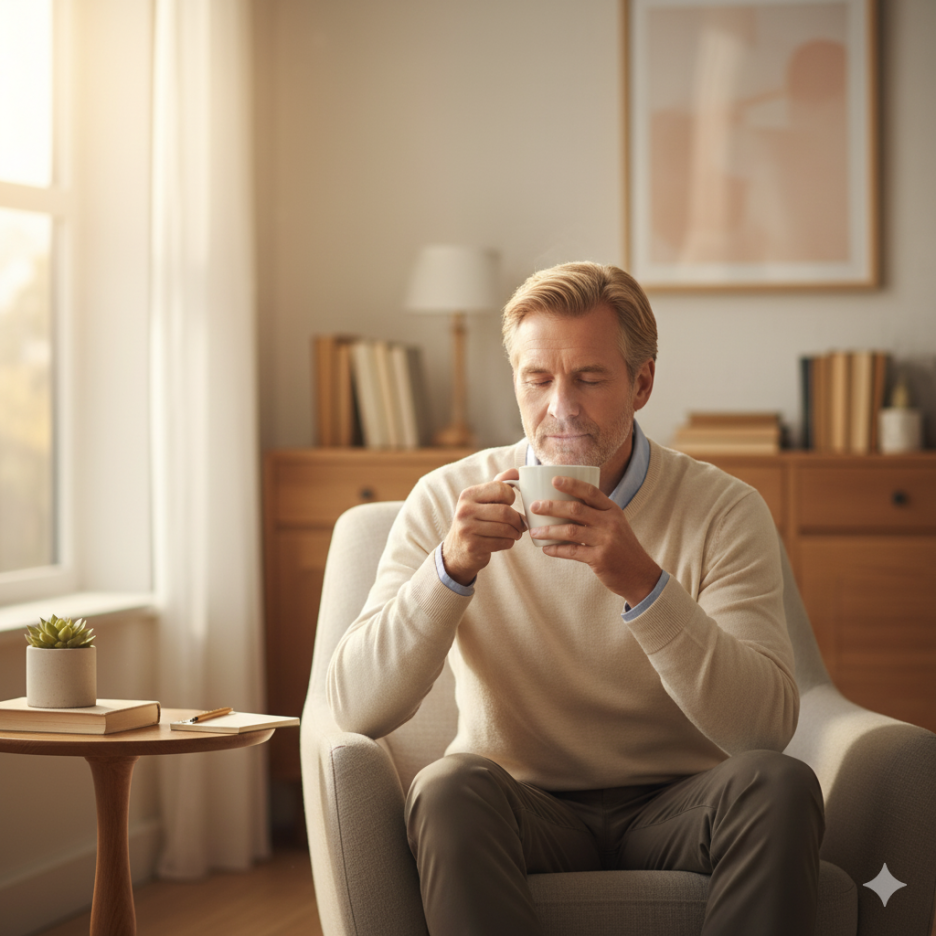 따뜻한 차를 마시며 마음을 정리하고 자기돌봄루틴을 실천하는 사람의 평온한 모습 (이미지 생성:google)