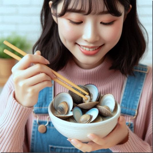 플라즈마로겐 많은 음식 조개 먹는 여성