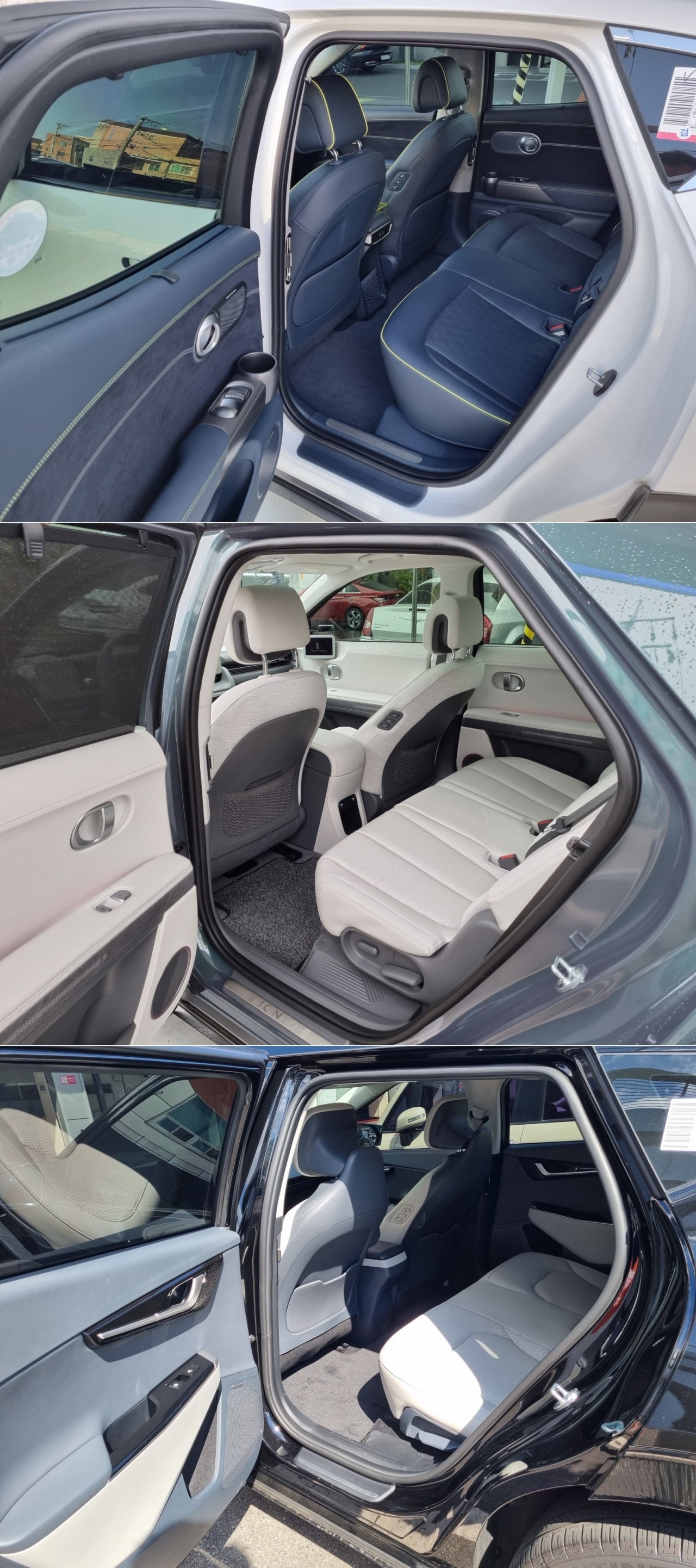 GV60(위), 아이오닉5(중간), EV6(아래)의 뒷좌석 사진을 한 컷에 모았습니다.