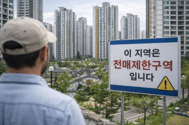 투기과열지구에서 전매제한이 적용되는 신축 아파트 단지 전경