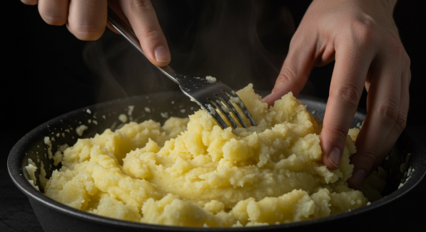은 감자를 뜨거울 때 포크로 으깨고 있는 모습