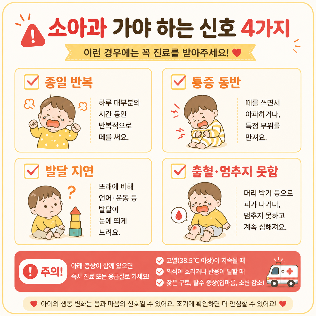 15개월 아기 떼쓰기와 머리박기 행동 중 소아과 진료가 필요한 위험 신호 4가지를 정리한 체크리스트 인포그래픽