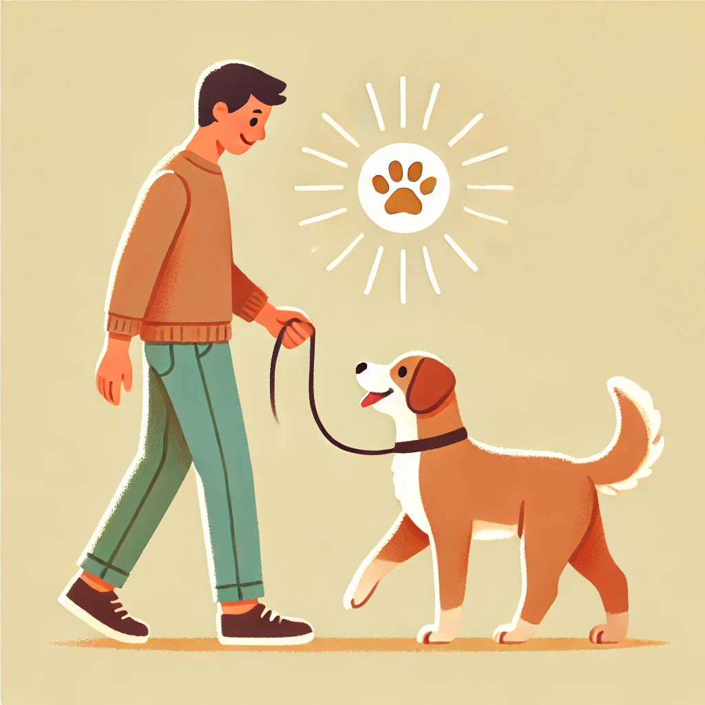 강아지가 산책 중 주인과 아이컨택하며 올바른 훈련을 실천하는 모습